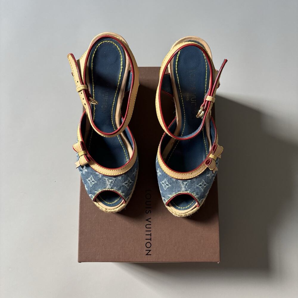 Louis Vuitton Denim Logo Monogram Espadrilles Wedge Sandals Shoes Blue EU 36